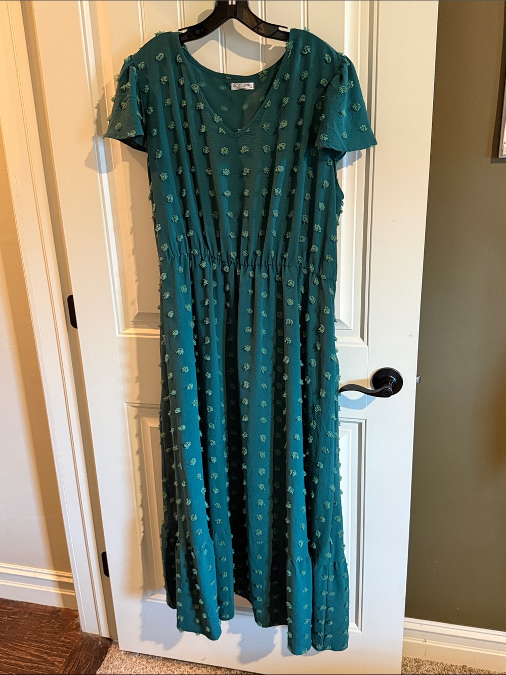 Amazon Dark Green Maxi Dress with Textured Pom Dot Detail